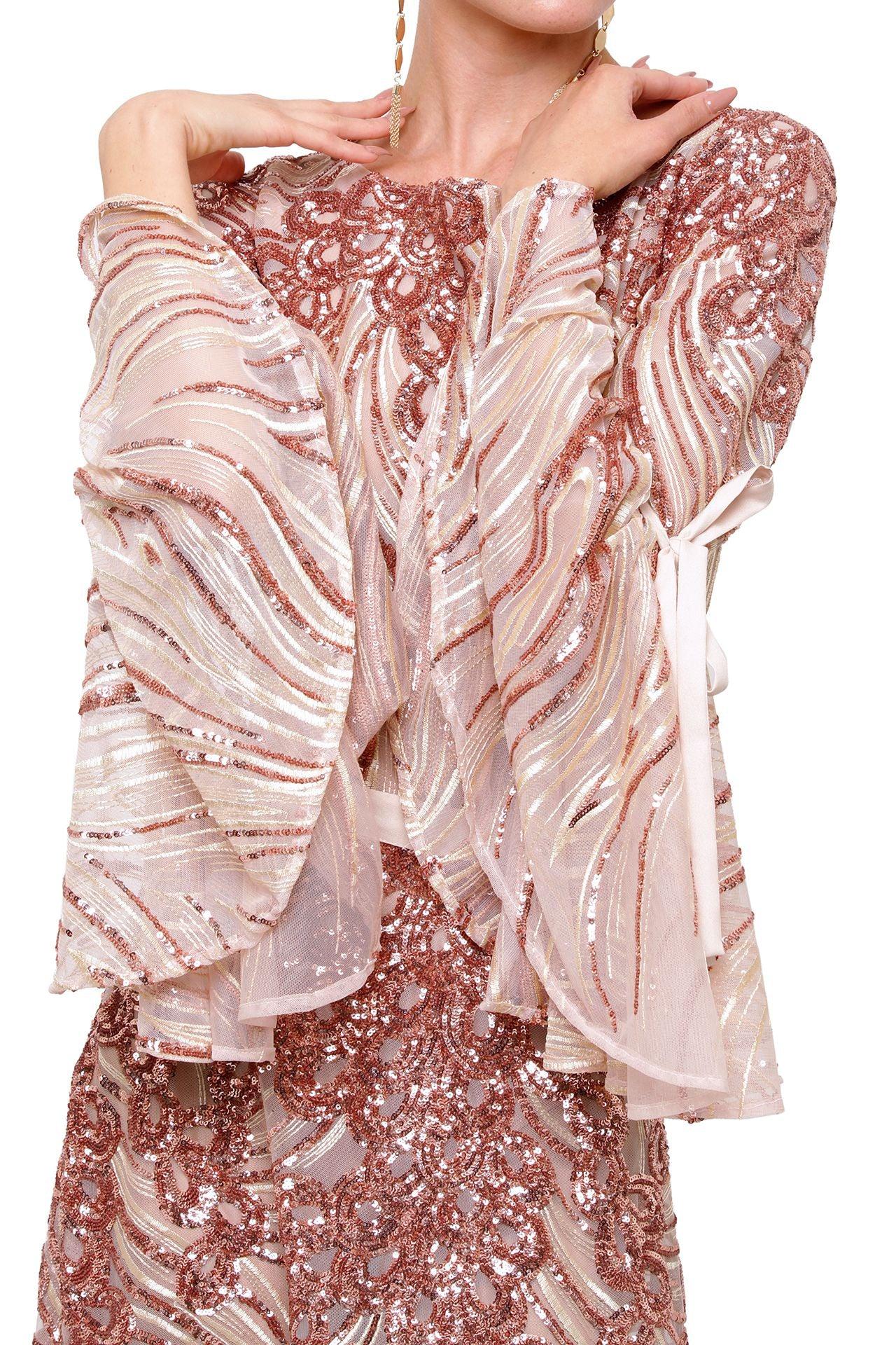 Blush Bow Tie Bell Sleeves Embellished Gown