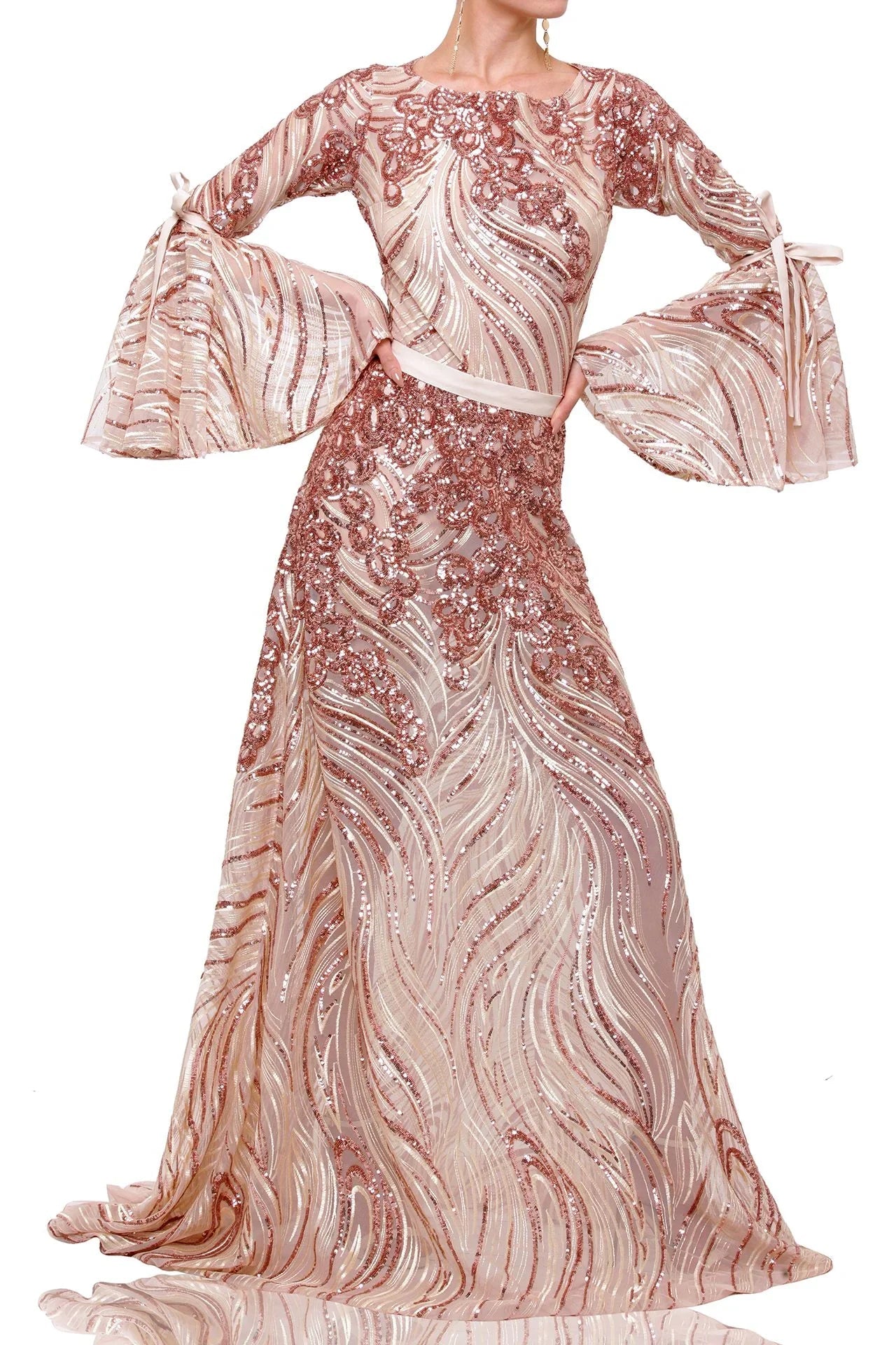 Blush Bow Tie Bell Sleeves Embellished Gown