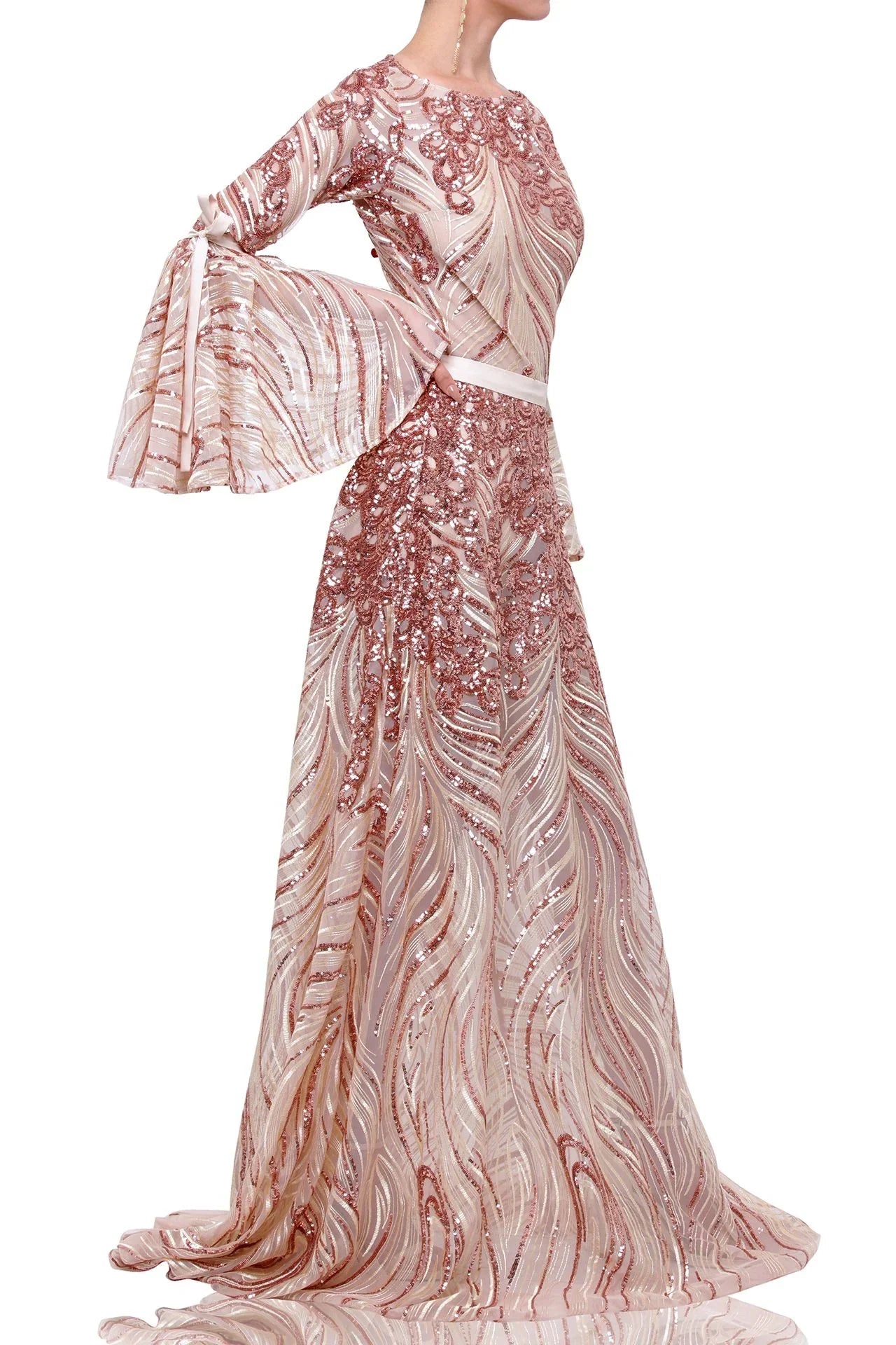 Blush Bow Tie Bell Sleeves Embellished Gown