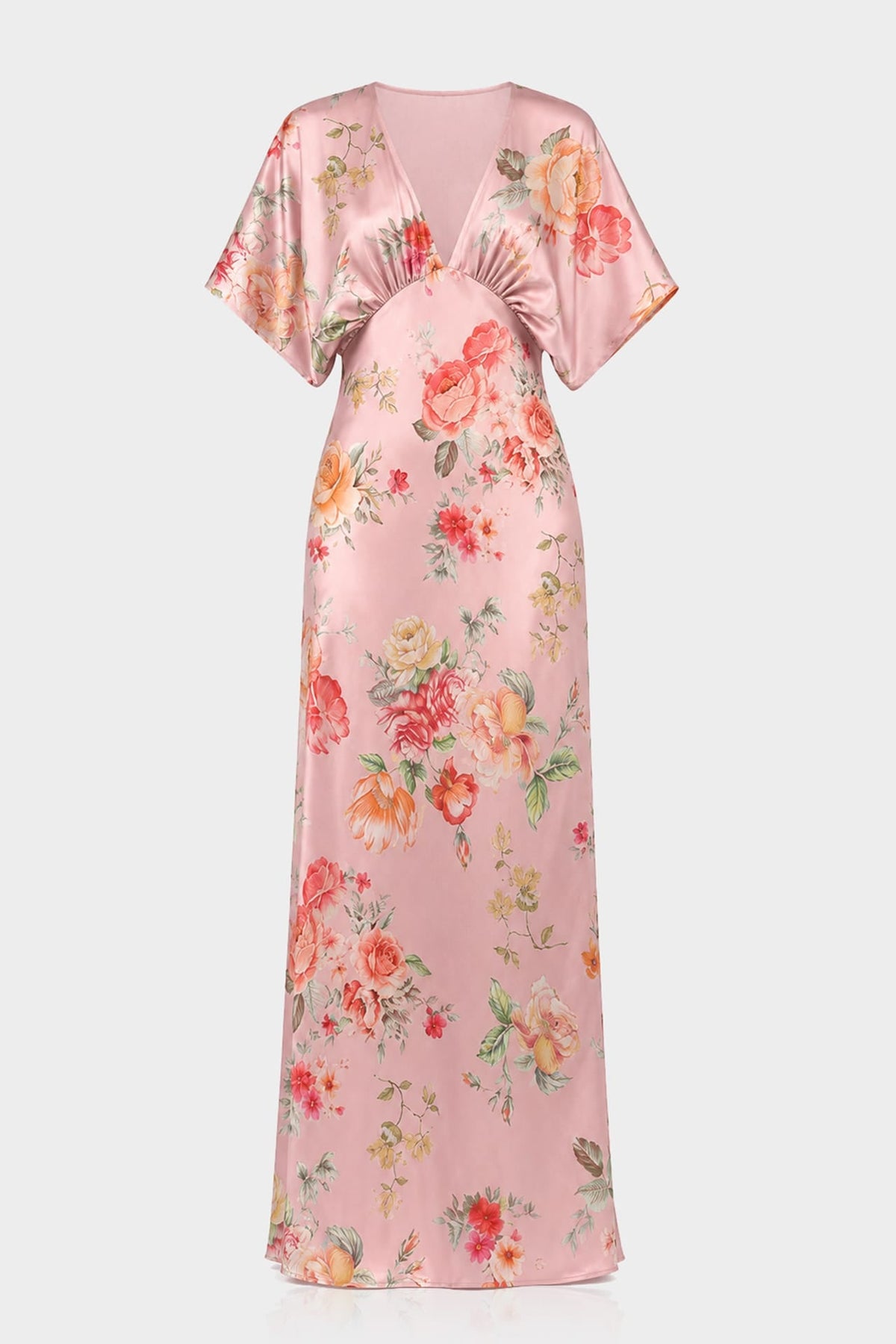 Blush Pink V-Neck Floral Satin Bridesmaid Dress with Flutter Sleeves