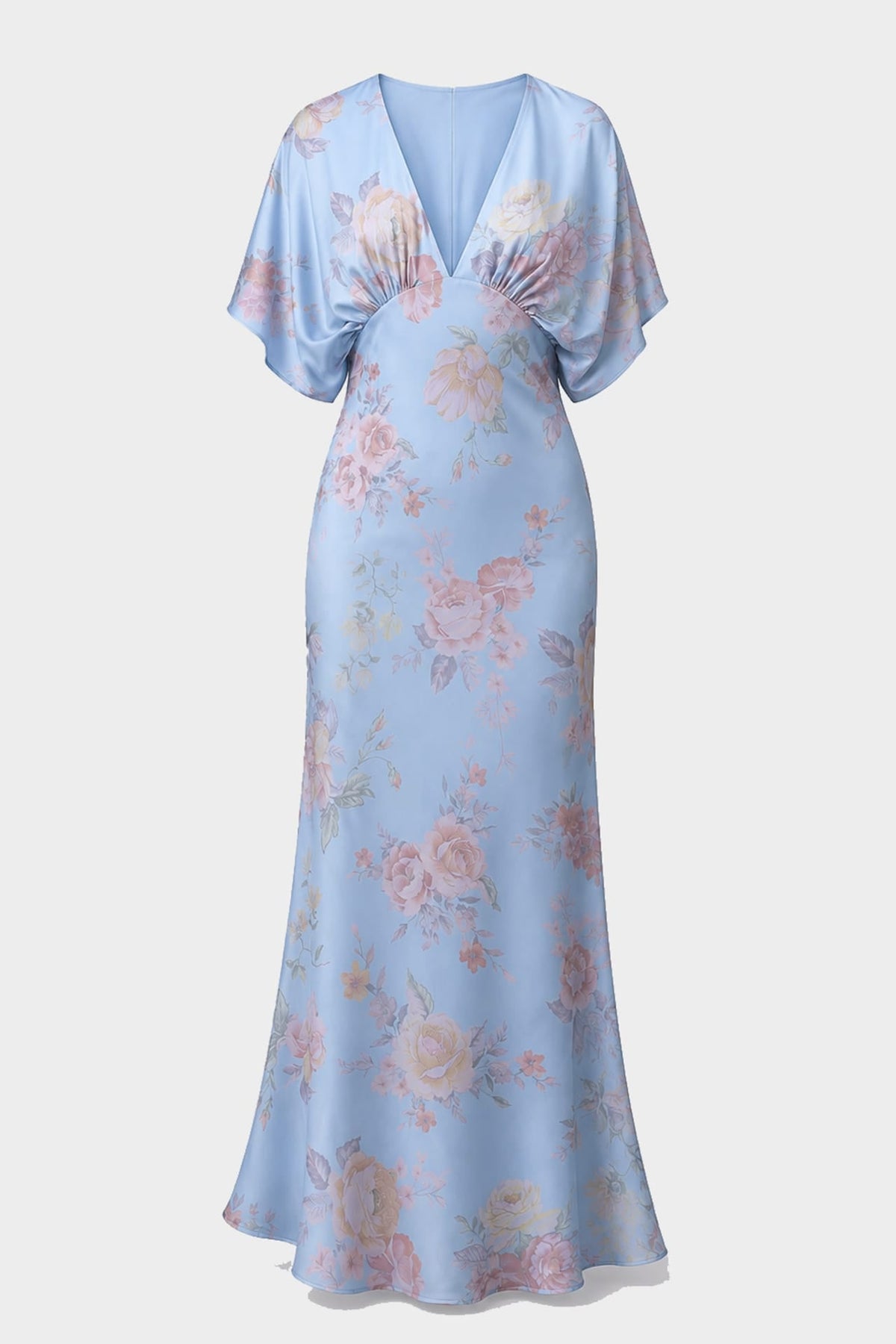 Shasi Powder Blue Satin V-Neck Floral Bridesmaid Dress with Flutter Sleeves- Beach Bridal Dress