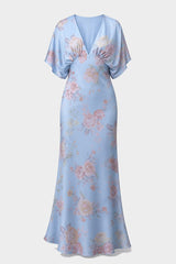 Shasi Powder Blue Satin V-Neck Floral Bridesmaid Dress with Flutter Sleeves- Beach Bridal Dress