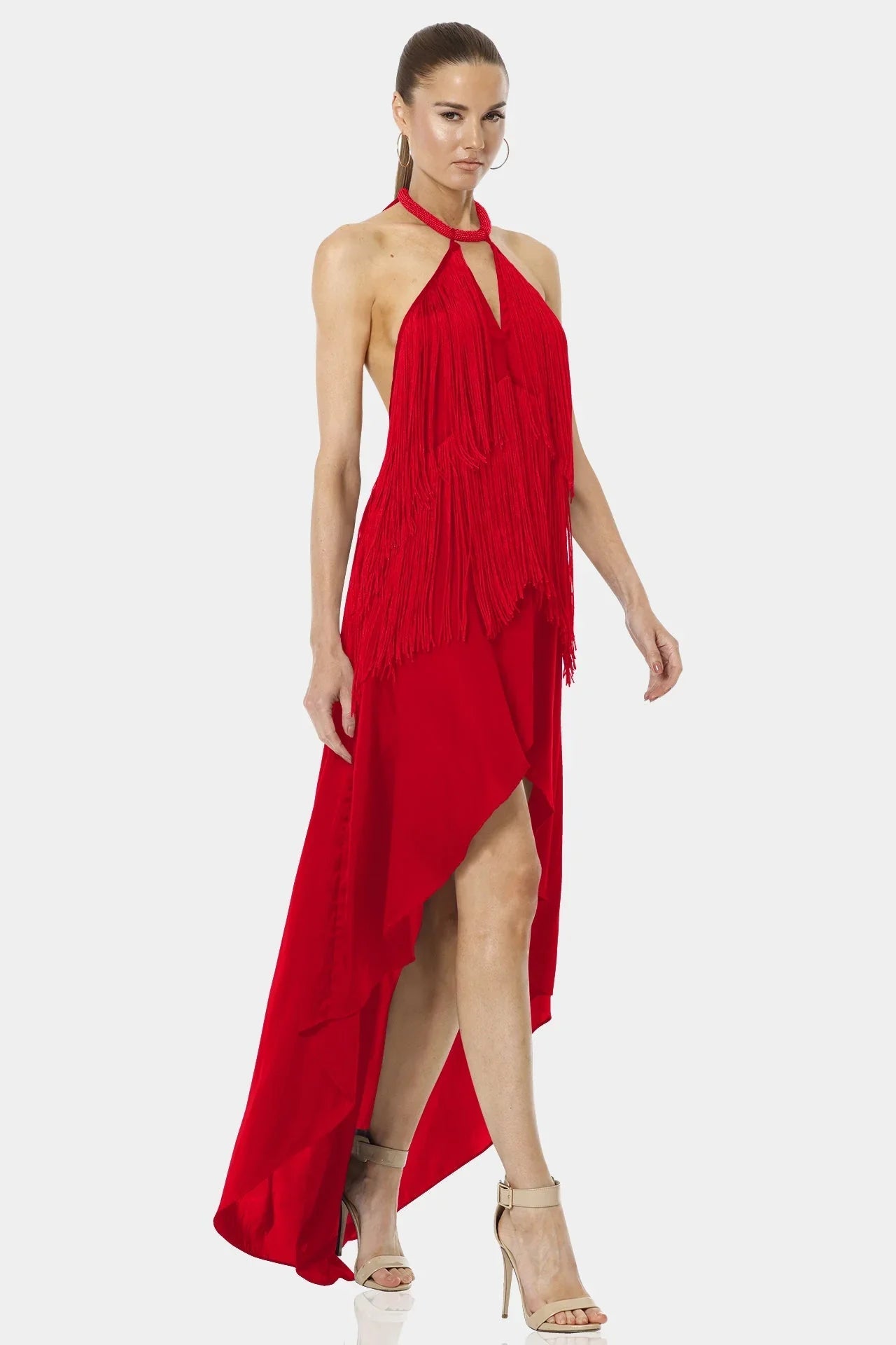 Carmina Fiery Red Backless Dress With Halter Neckline