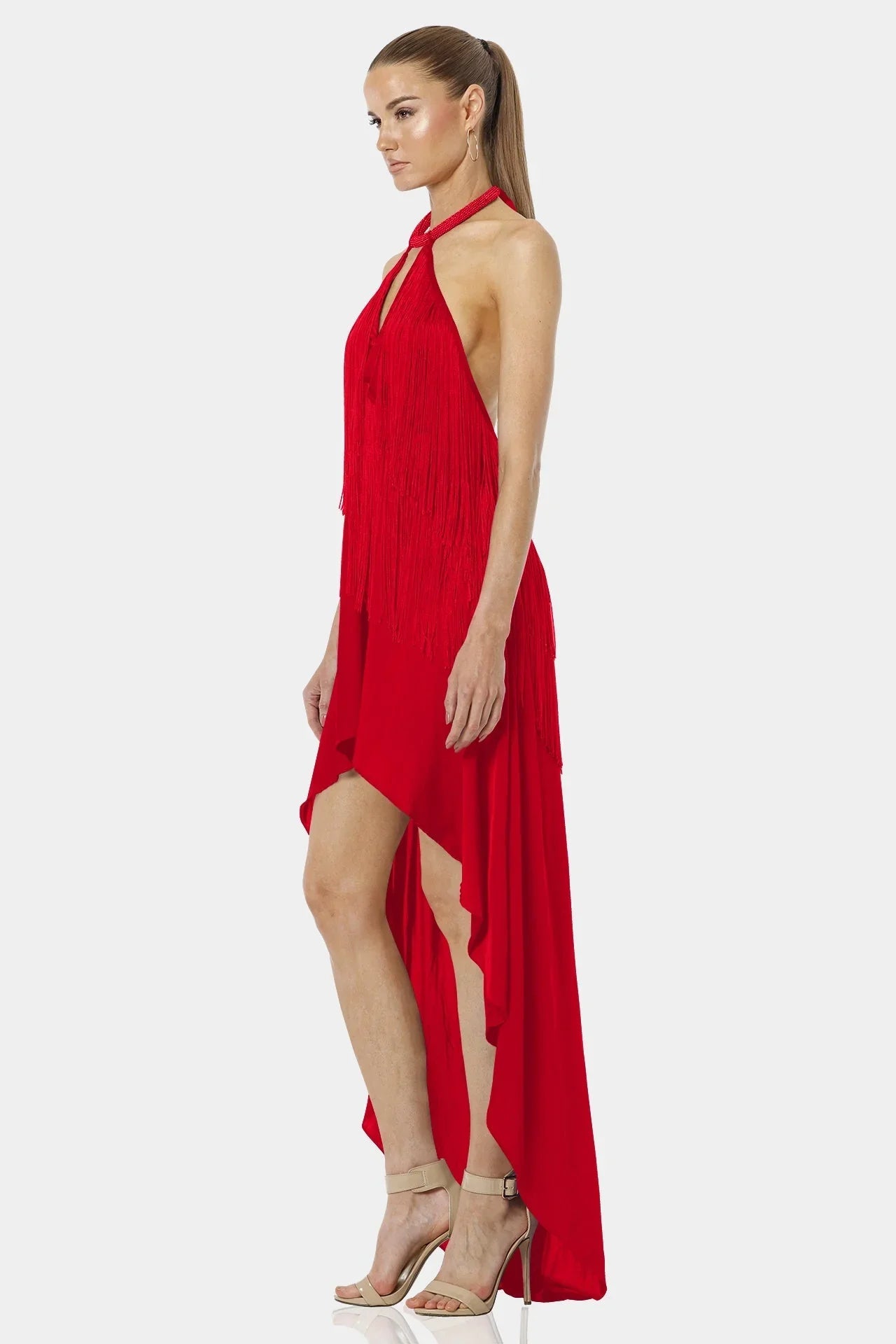 Carmina Fiery Red Backless Dress With Halter Neckline