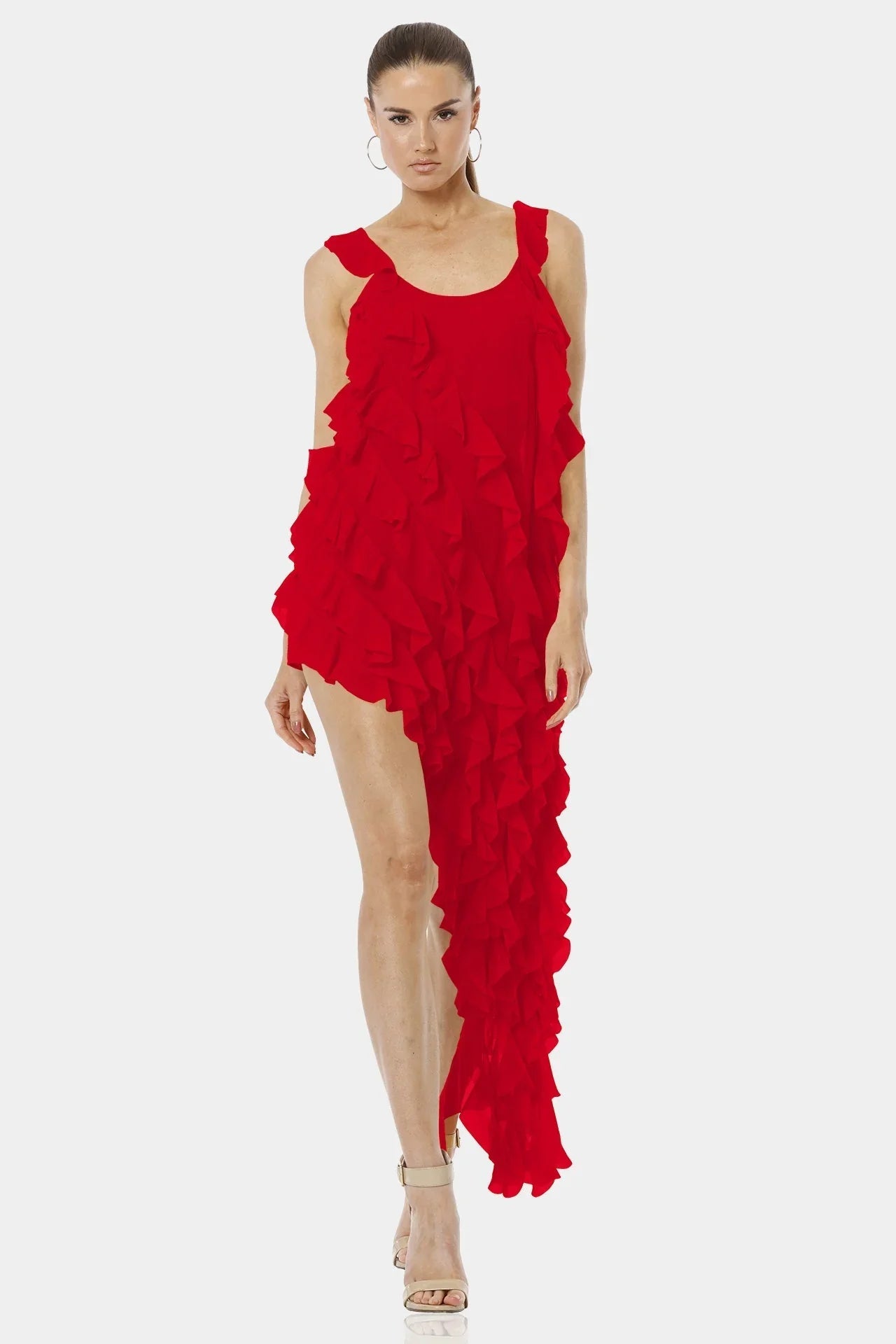 Carmen Flaming Red Sleeveless Dress Long Ruffled Overlay
