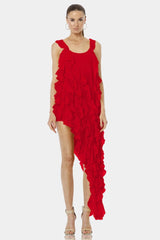Carmen Flaming Red Sleeveless Dress Long Ruffled Overlay