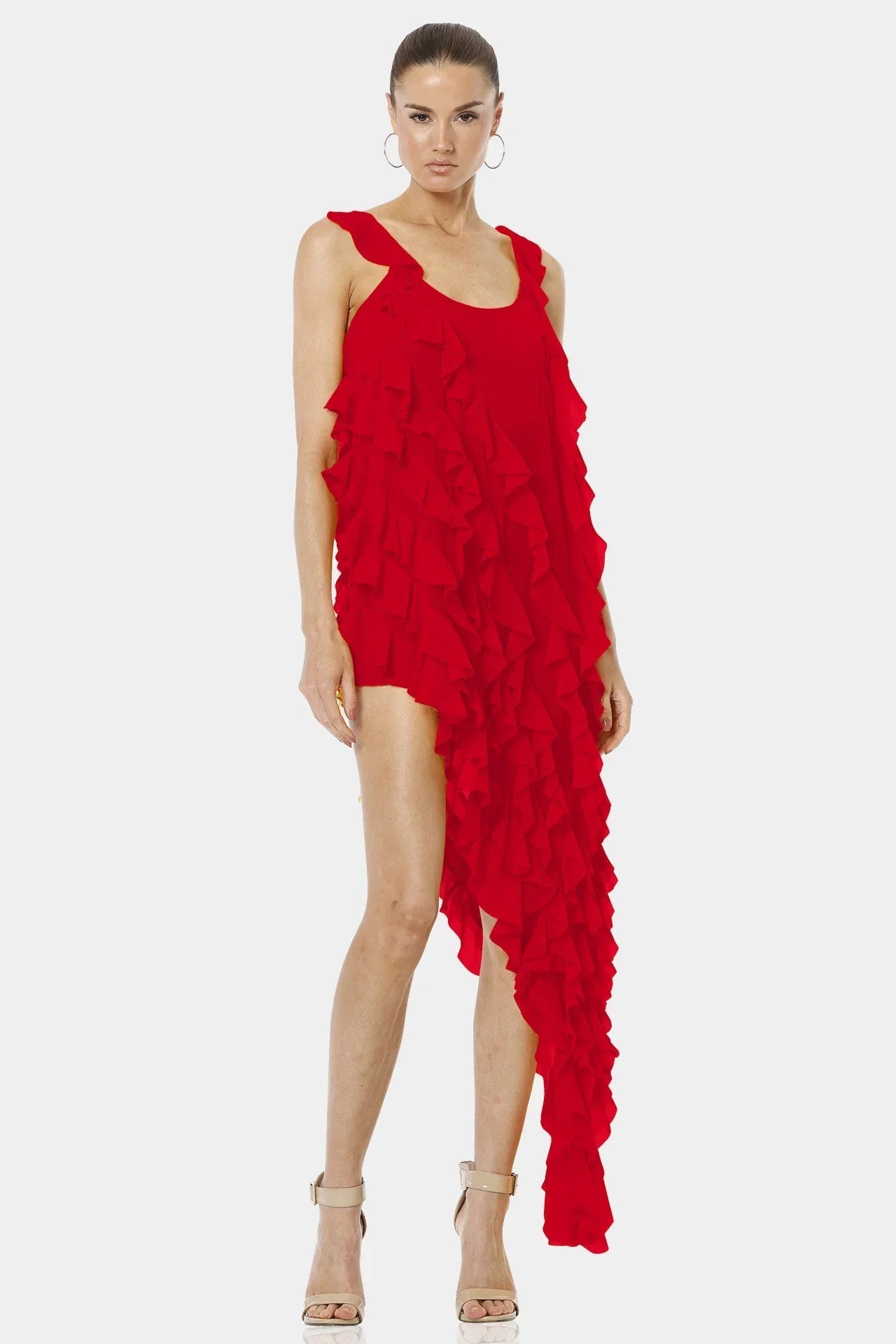 Carmen Flaming Red Sleeveless Dress Long Ruffled Overlay