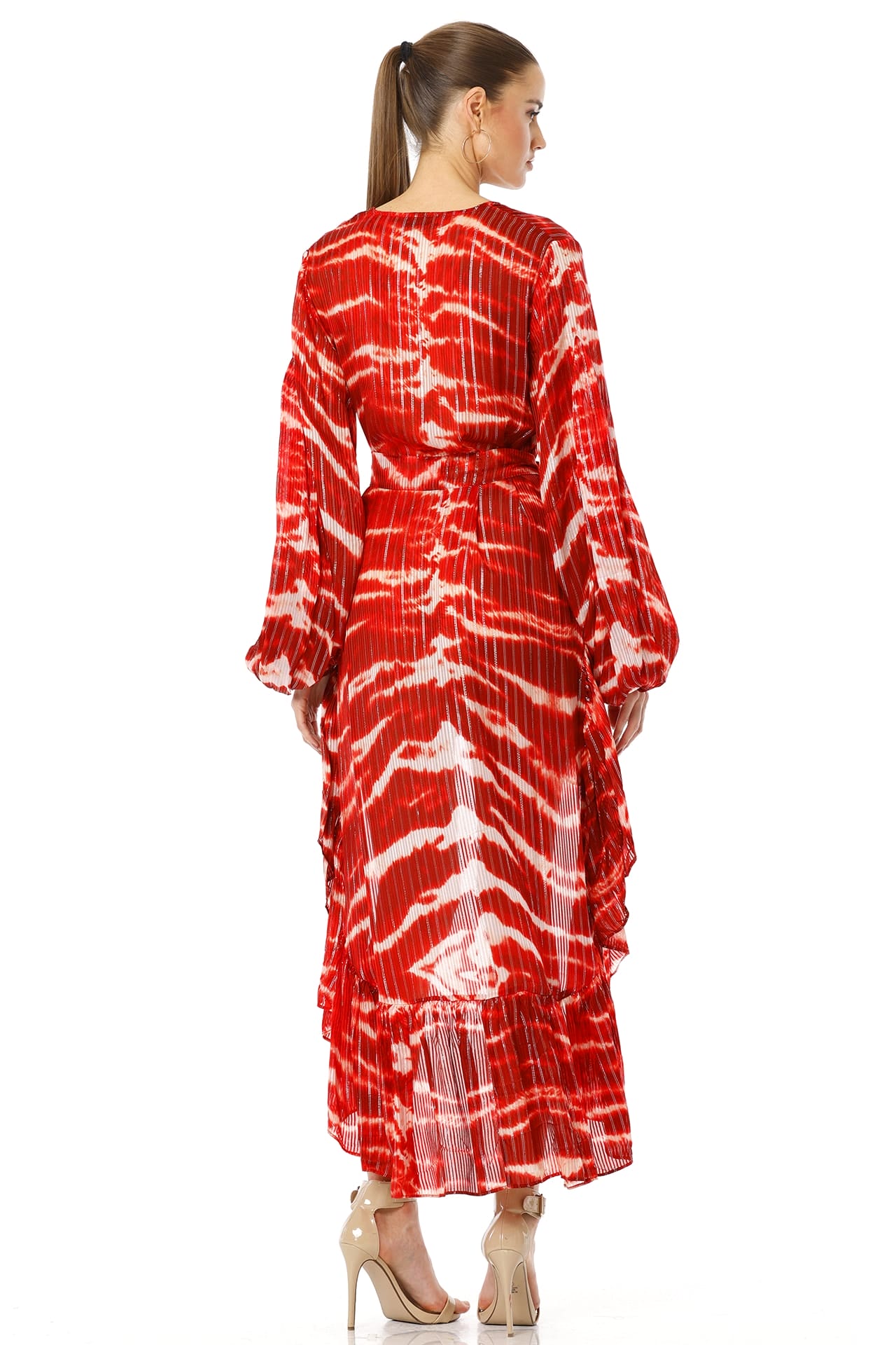 Chora Printed Red Ruffle Dress With Long Overlay & Puff Sleeves