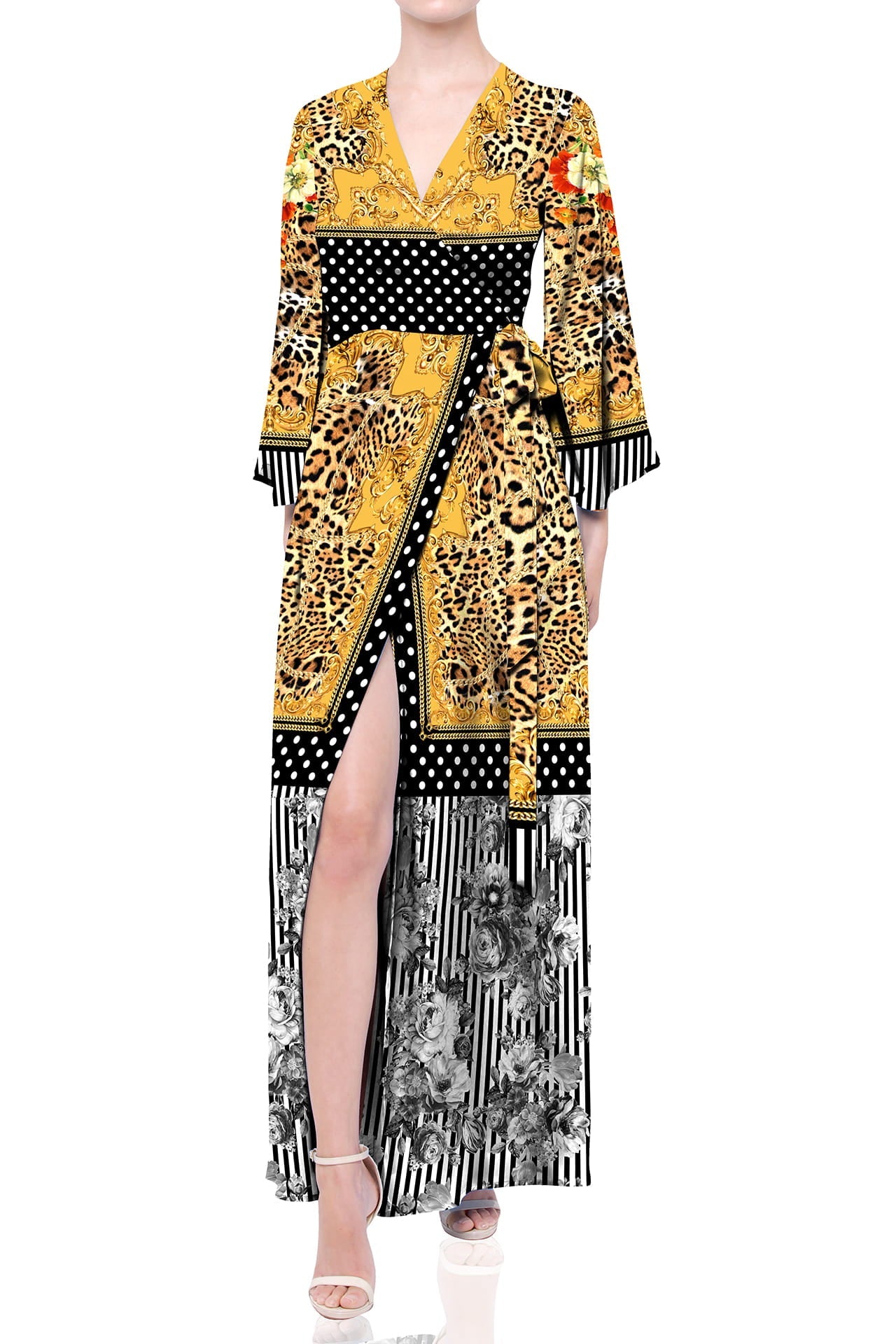 Cream Satin Baroque Print Wrap Dress