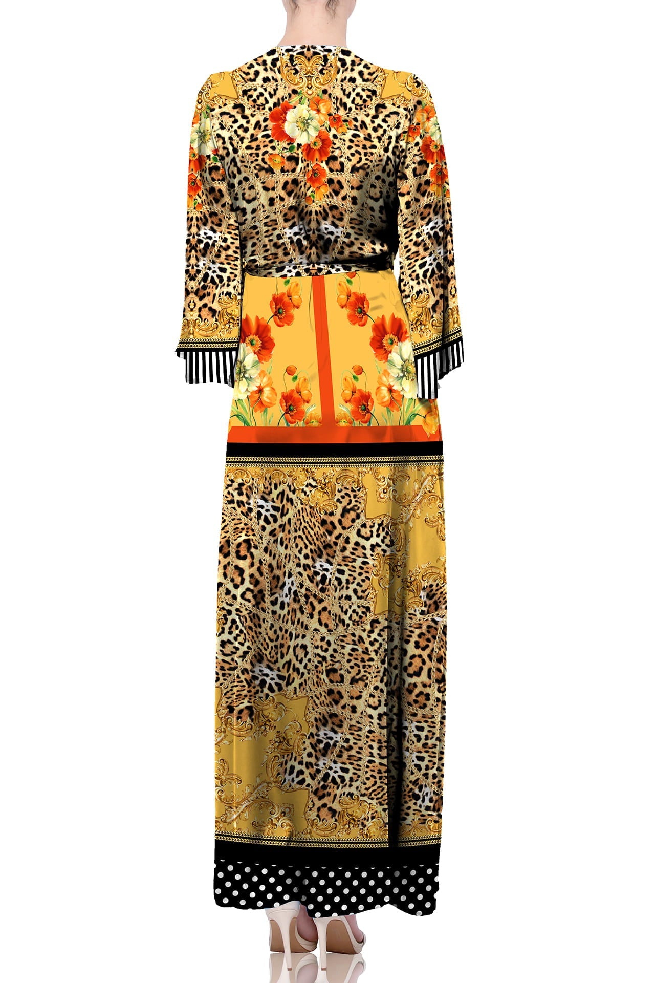 Cream Satin Baroque Print Wrap Dress