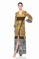 Cream Satin Baroque Print Wrap Dress