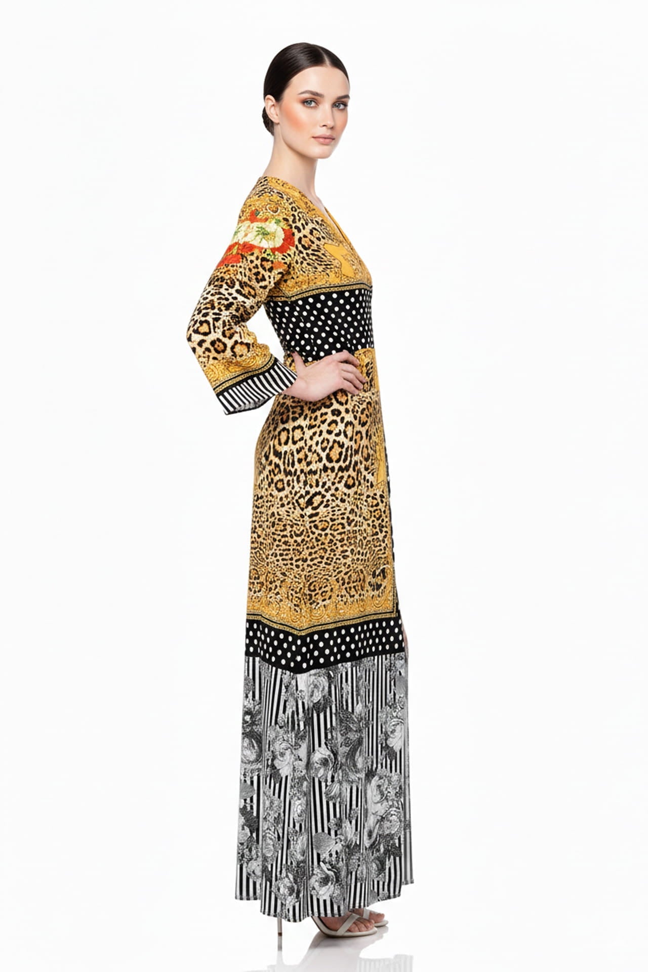 Cream Satin Baroque Print Wrap Dress