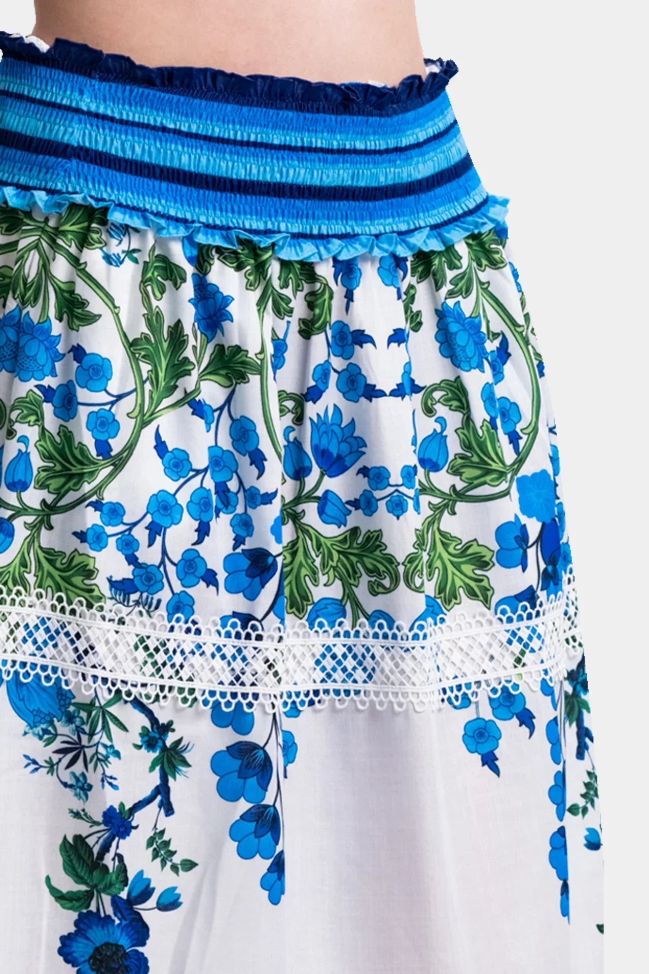 White & Blue Botanical Cotton Maxi Skirt with Guipure Lace Detail