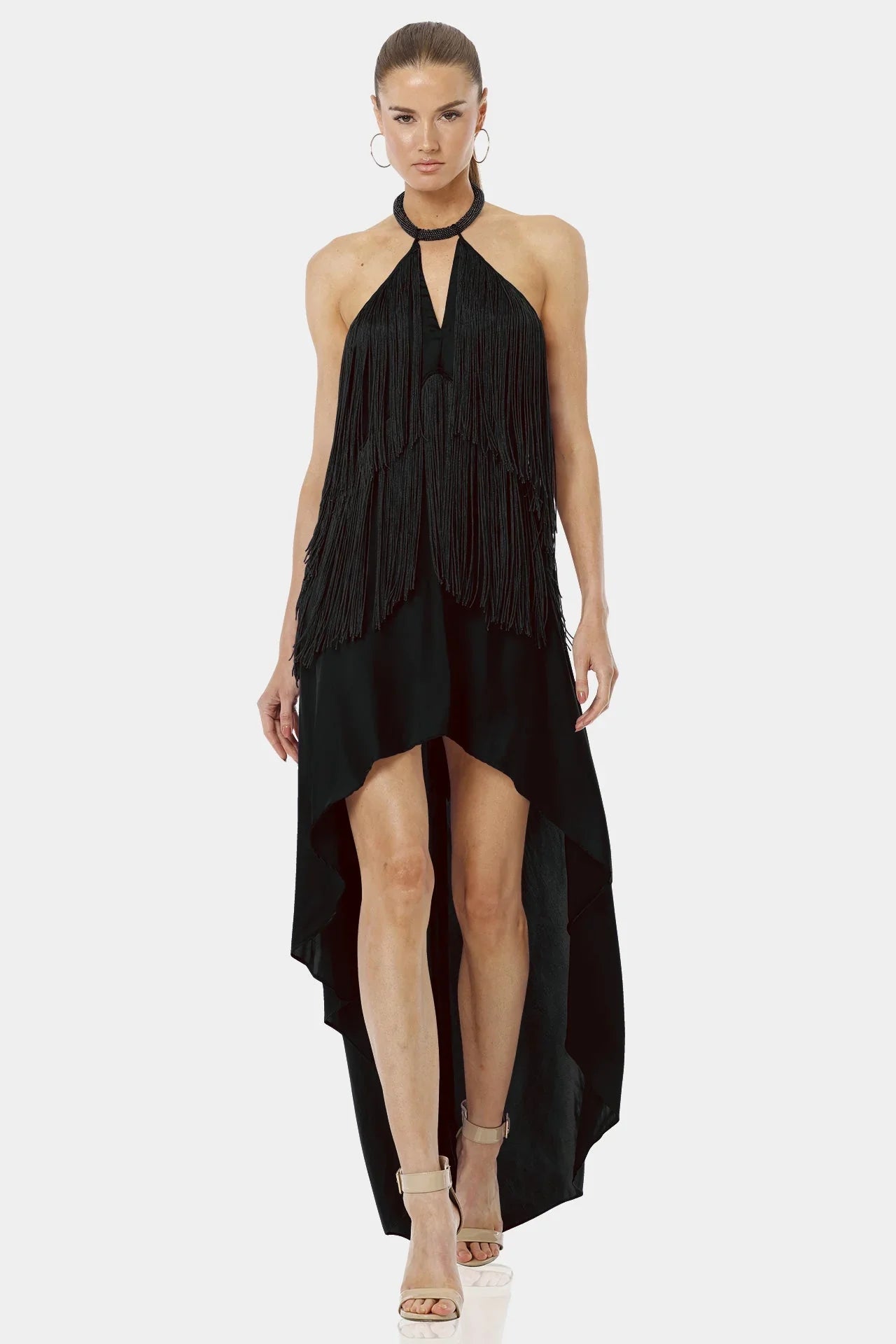 Carmina High Low Fringe Black Halter Maxi Dress