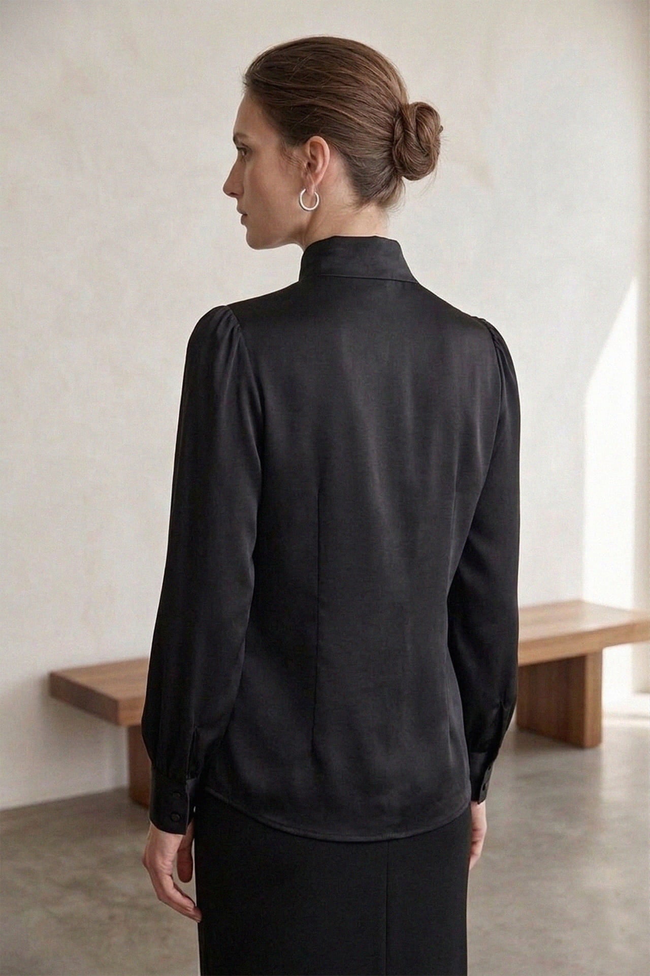 Black Satin Scarf  Tie Neck Blouse