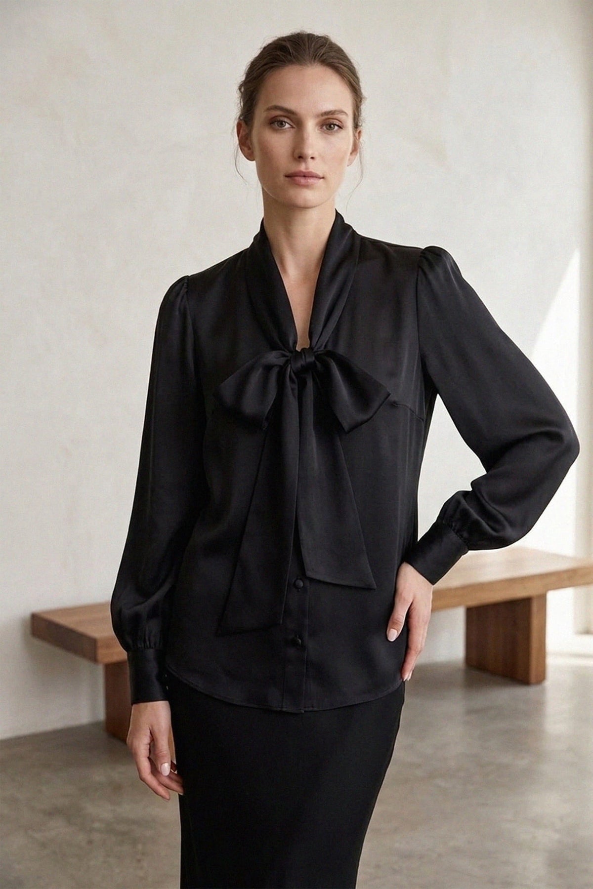 Black Satin Scarf  Tie Neck Blouse