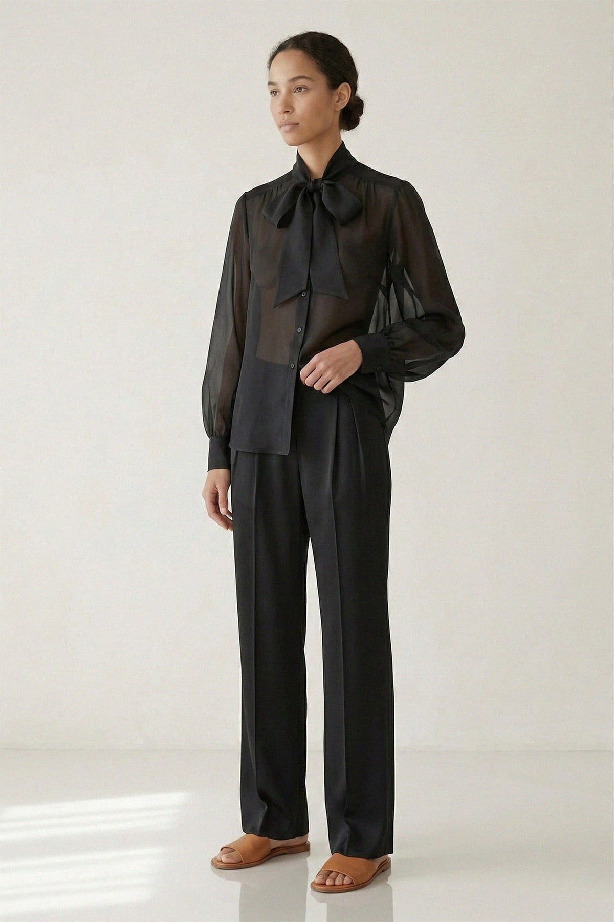 Black Sheer Organza Bow Tie-Neck Shirt