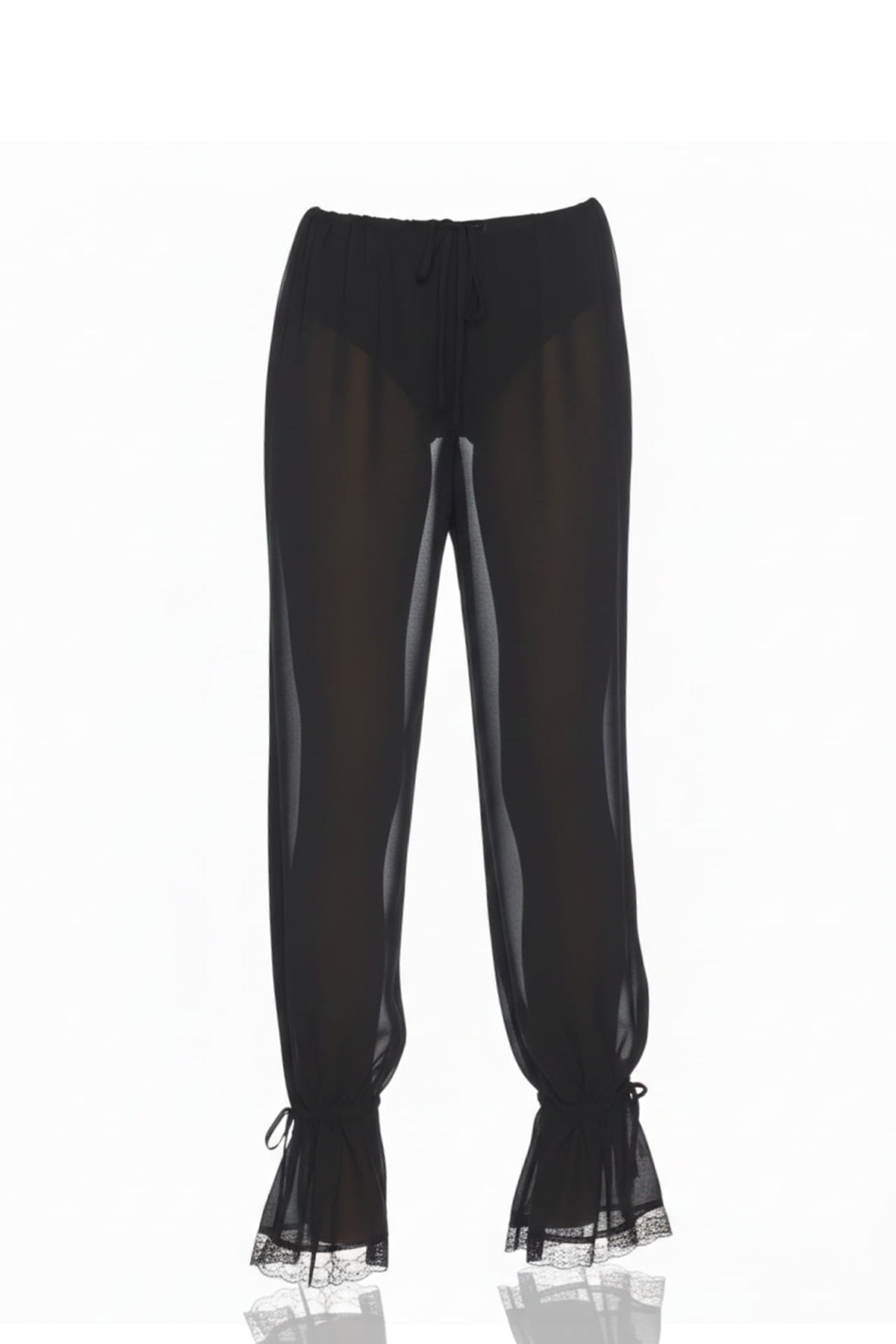 Caviar Black Transparent Chiffon Balloon Leg Pants with Drawstring Lace Hem