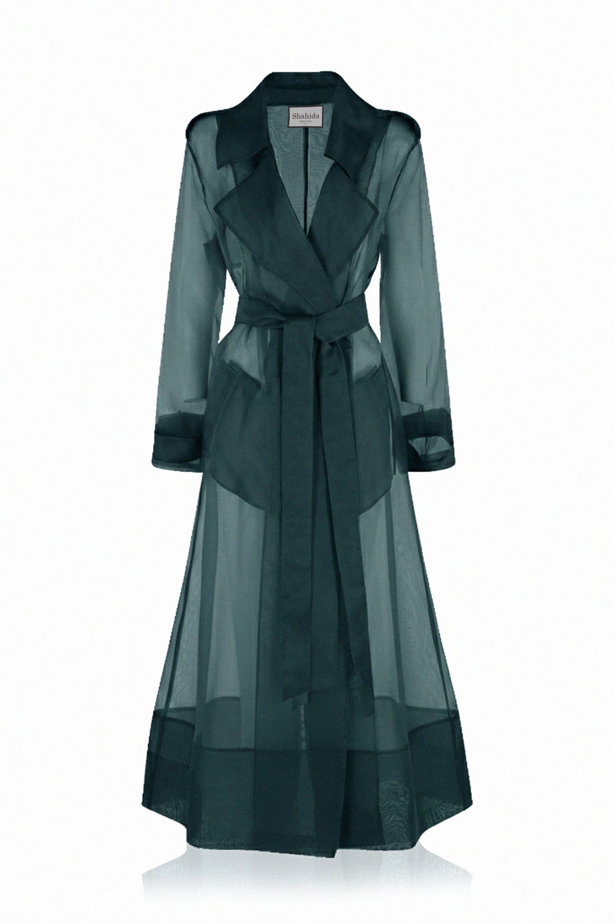 Deep Teal Sheer Silk Organza Trench Coat – Lightweight Transparent Summer Outerwear