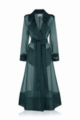 Deep Teal Sheer Silk Organza Trench Coat – Lightweight Transparent Summer Outerwear