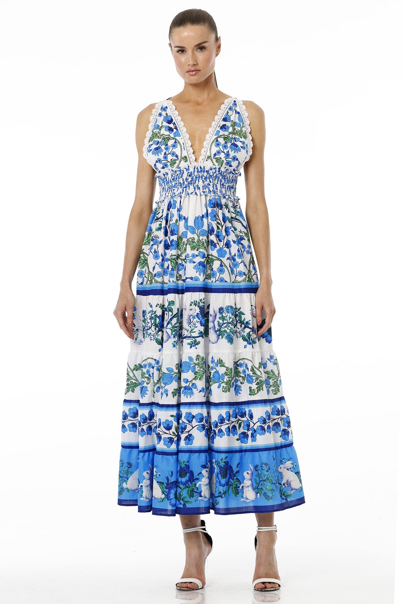 White & Blue Floral Sleeveless Deep Plunge Voile Maxi Dress with Guipure Lace