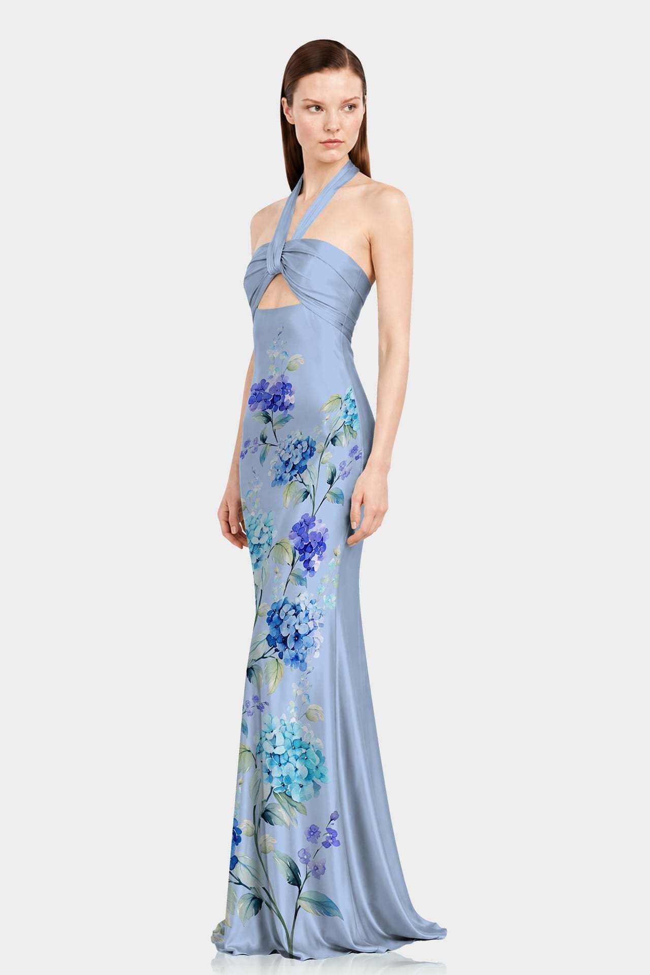 Hydrangea Print Ruched Halter Maxi Dress