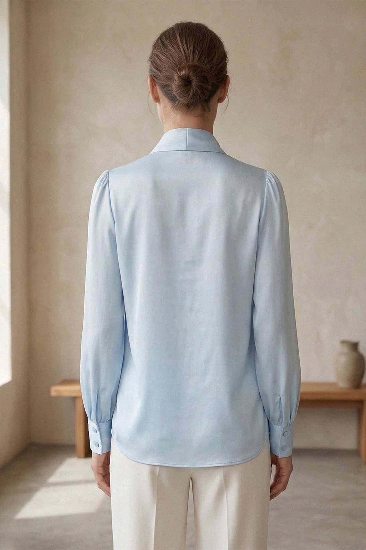 Blue Scarf  Tie Neck Satin Blouse