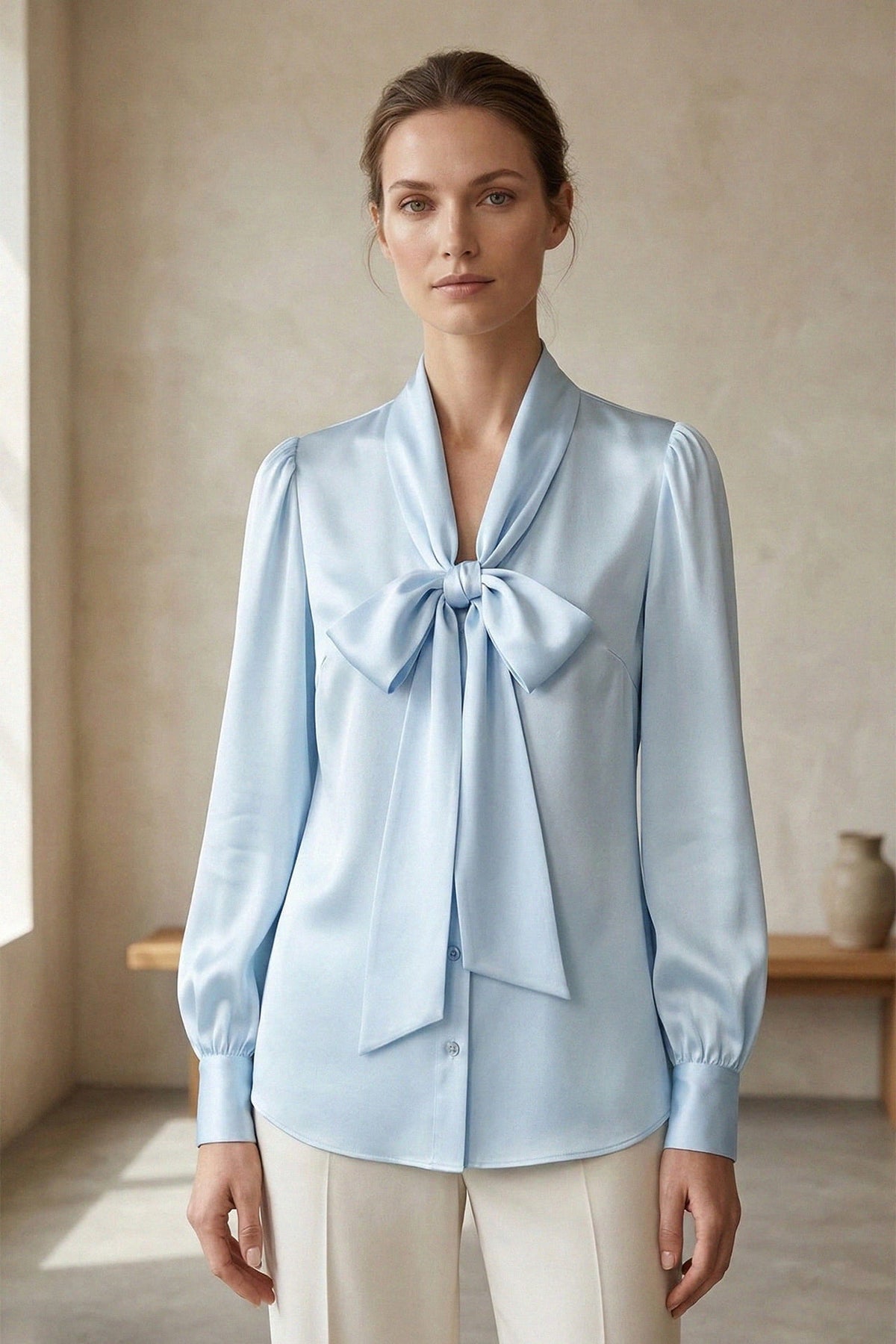 Blue Scarf  Tie Neck Satin Blouse