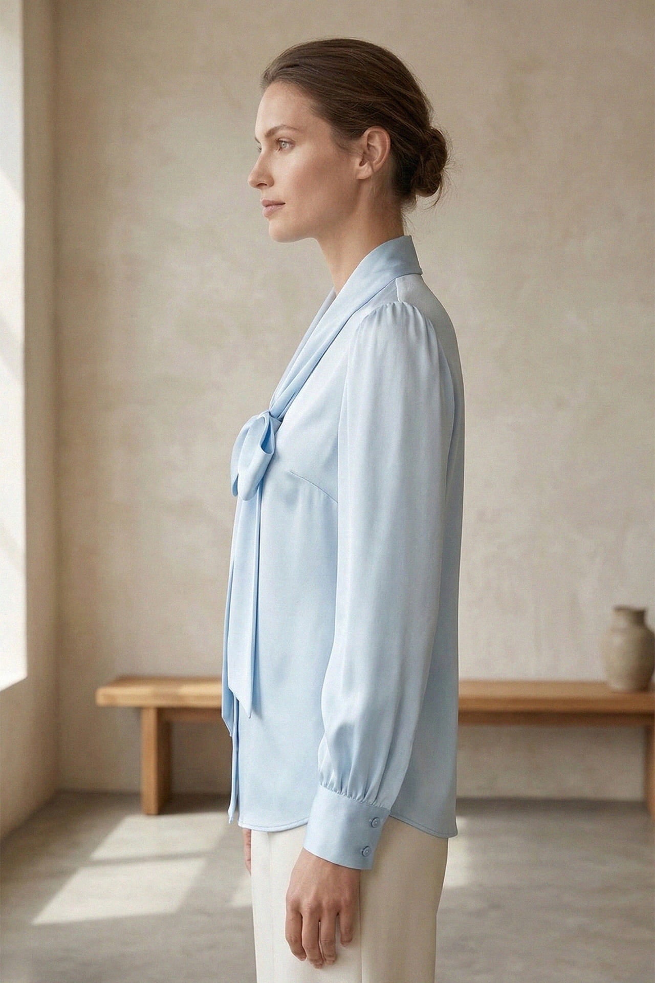 Blue Scarf  Tie Neck Satin Blouse