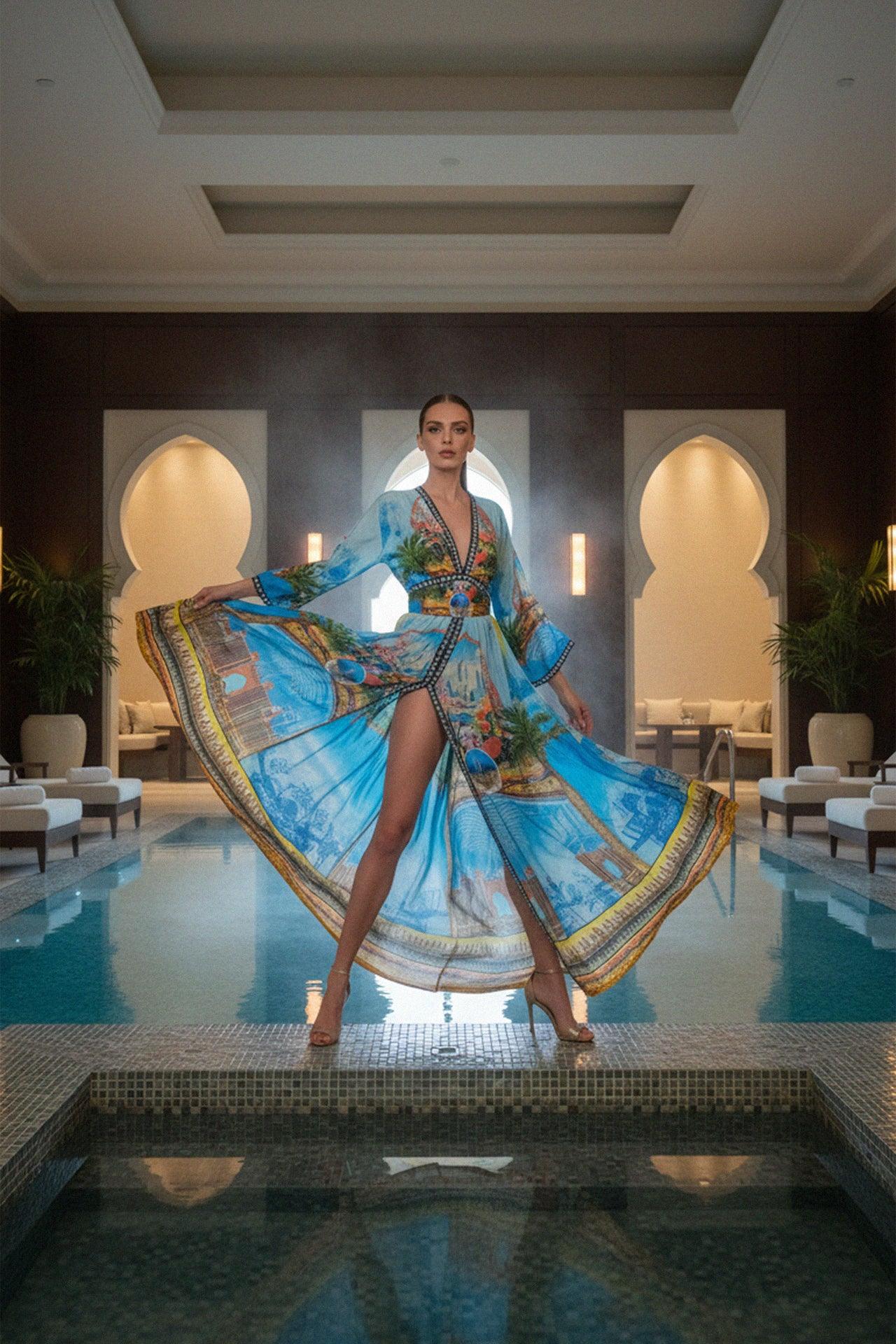 Blue V Neck Full Sleeve Long Dress