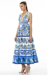 White & Blue Floral Sleeveless Deep Plunge Voile Maxi Dress with Guipure Lace