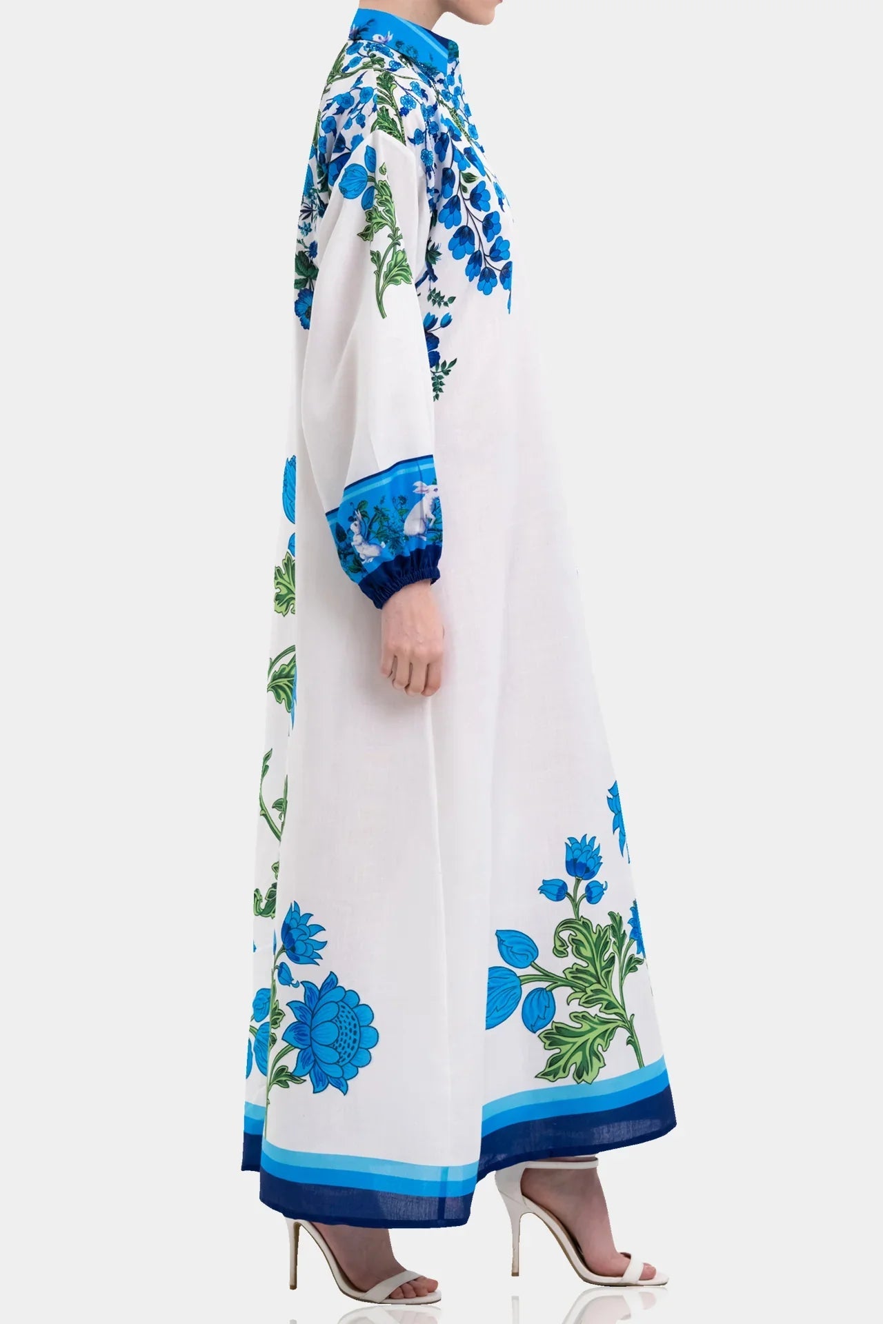White & Blue Floral Cotton Maxi Shirt Dress with Full Sleeves