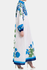 White & Blue Floral Cotton Maxi Shirt Dress with Full Sleeves