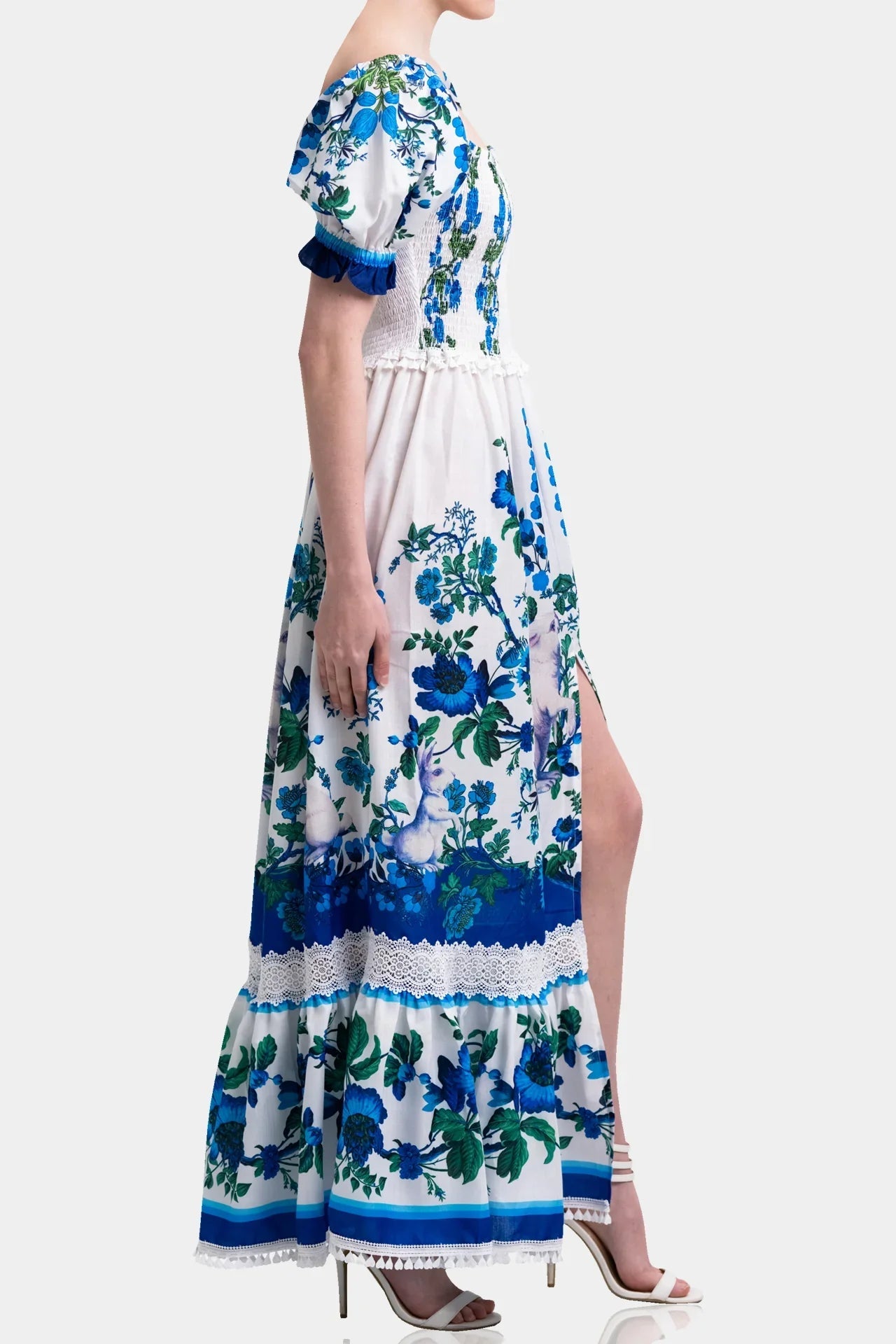 White & Blue Floral Voile Maxi Dress with Guipure Lace Trim