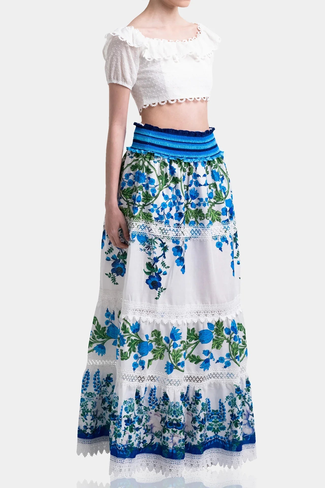 White & Blue Botanical Cotton Maxi Skirt with Guipure Lace Detail