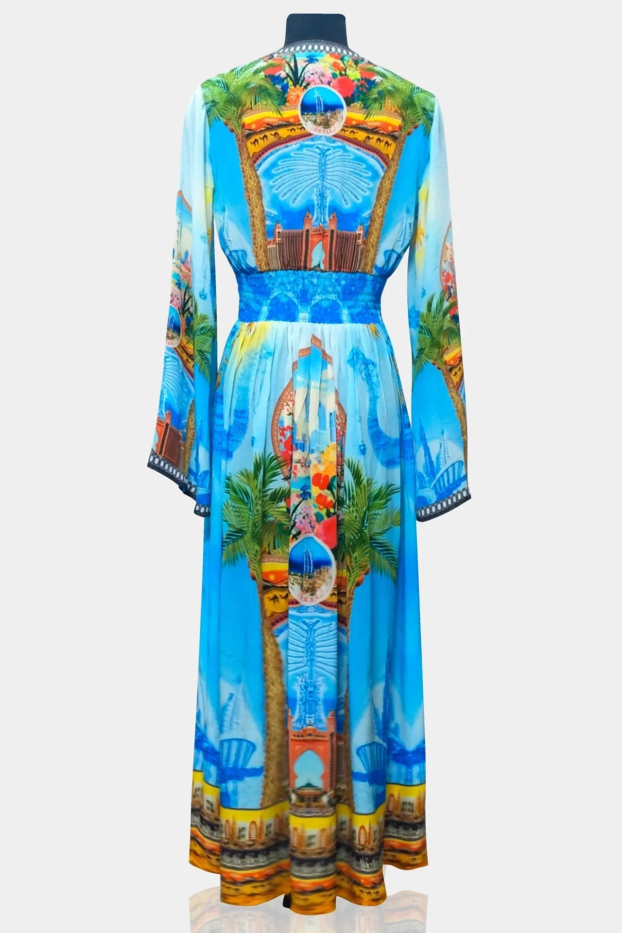 Blue V Neck Full Sleeve Long Dress