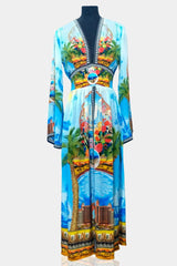 Blue V Neck Full Sleeve Long Dress
