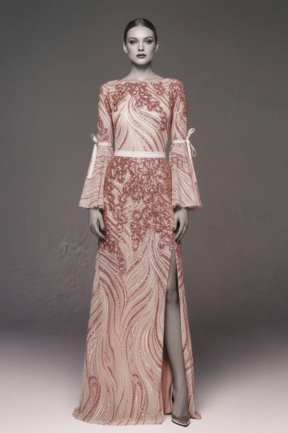 Blush Bow Tie Bell Sleeves Embellished Gown