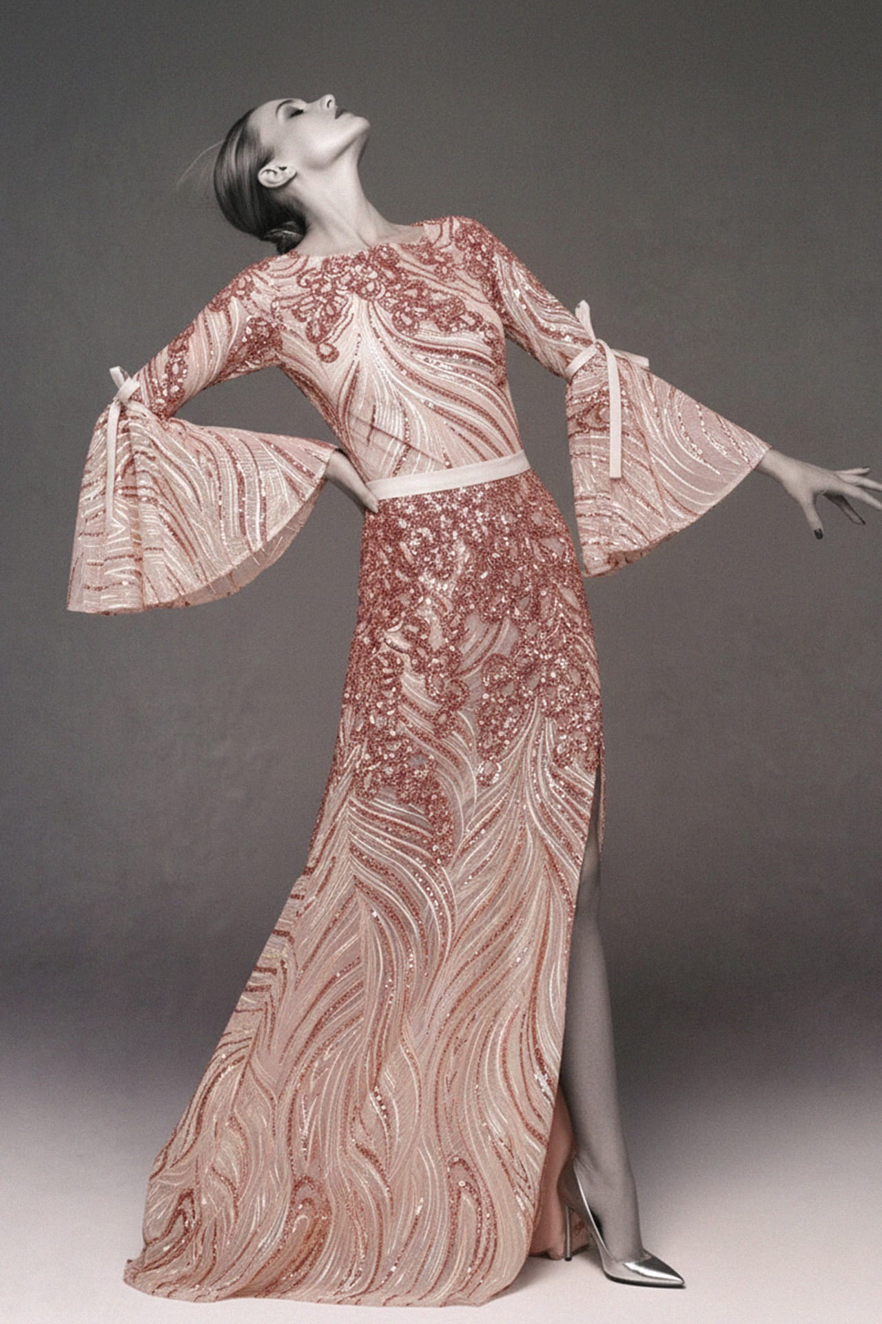 Blush Bow Tie Bell Sleeves Embellished Gown