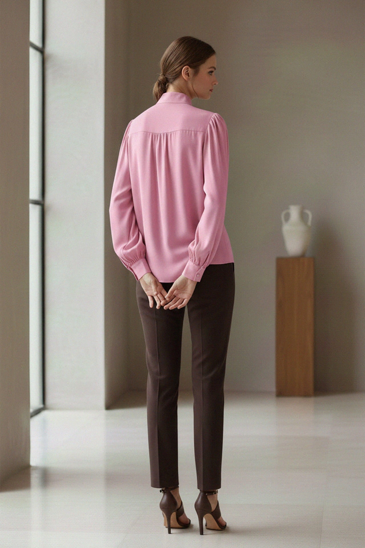 Blush Pink Silk Satin-Twill Tie-Neck Blouse