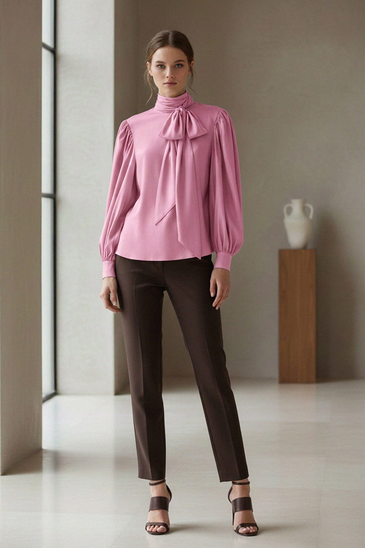 Blush Pink Silk Satin-Twill Tie-Neck Blouse