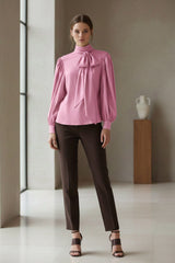 Blush Pink Silk Satin-Twill Tie-Neck Blouse