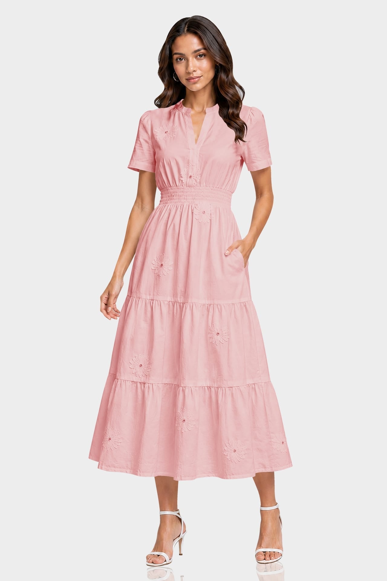 Blush Pink 3D Floral Appliqué Midi Dress for Women – Luxury Brunch Dress
