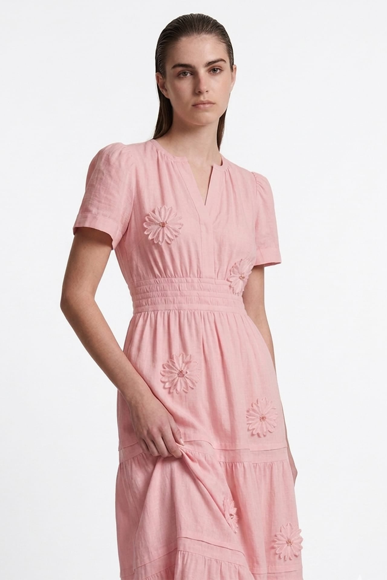 Blush Pink 3D Floral Cotton Maxi Dress for Women – Luxury Wedding Guest Dress