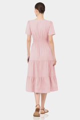 Blush Pink Smocked Waist Midi Day Dress for Women