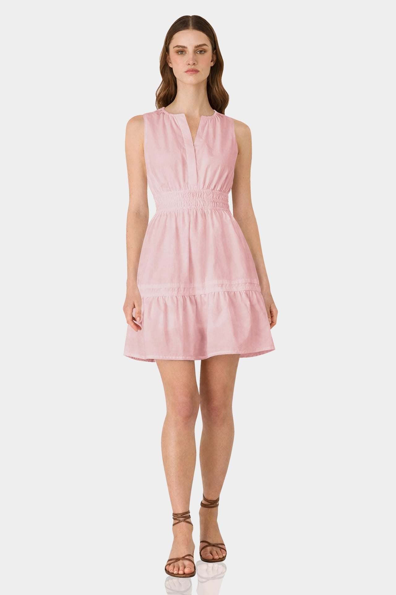 Blush Pink Sleeveless Smocked Waist Cotton Mini Dress – Casual Dress