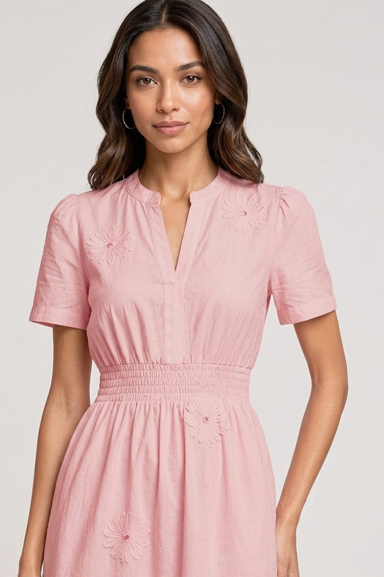 Blush Pink 3D Floral Appliqué Midi Dress for Women – Luxury Brunch Dress