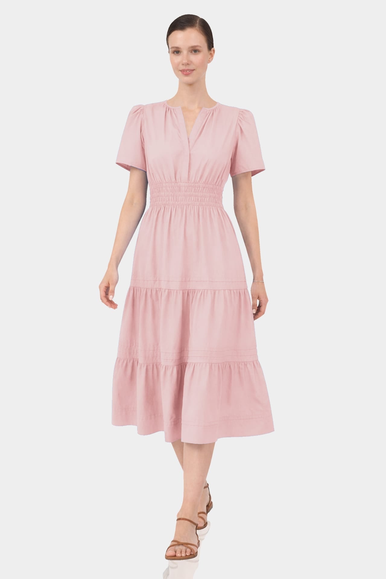 Blush Pink Smocked Waist Midi Day Dress for Women