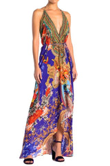 Bohemian Blue Floral Print Scarf Maxi Dress