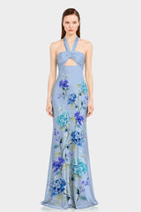 Hydrangea Print Ruched Halter Maxi Dress